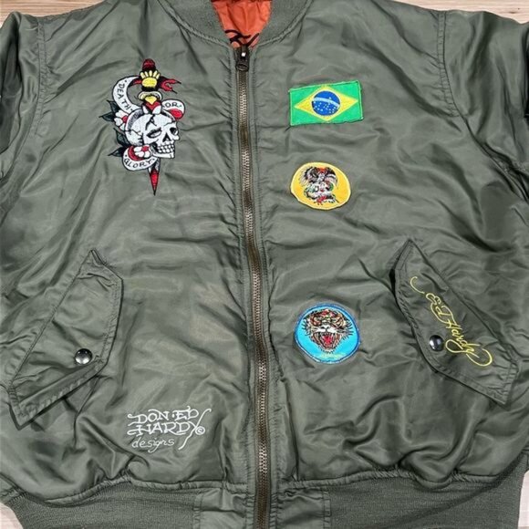 Ed Hardy Green Patches Bomber Jacket Coat Men’s Medium - Picture 2 of 9